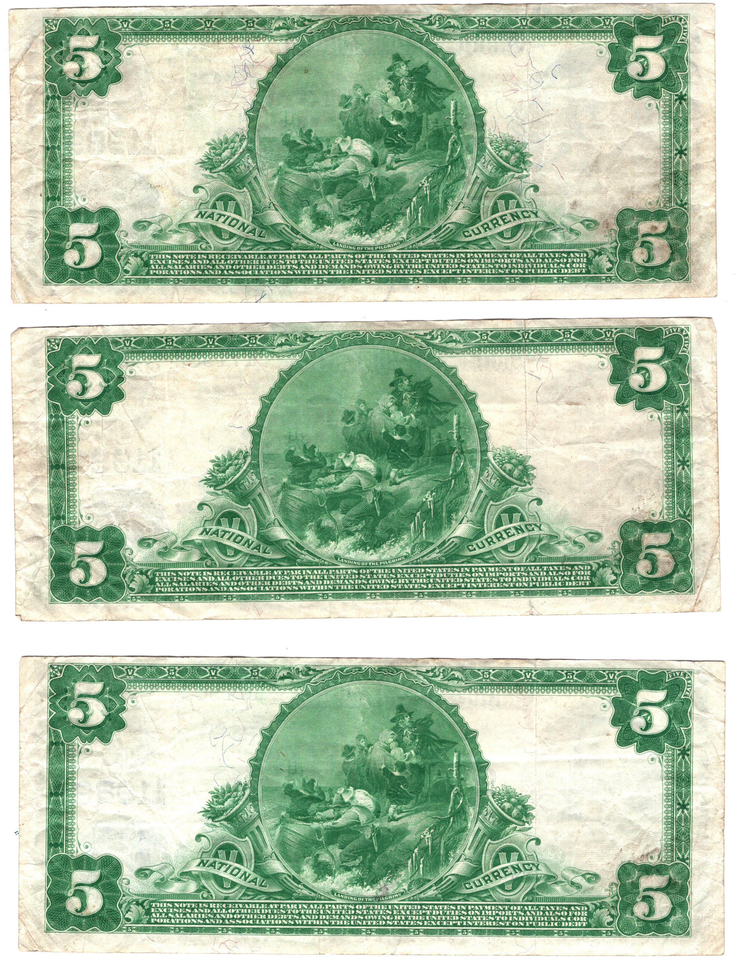 Three sequential 1902 $5 Blue Seal - St. Louis, MO Charter #11989 - VF
