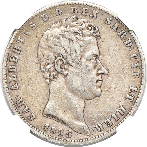 Italy - 1807 10 Lire Tuscany XF-45, and an 1835-Anchor P 5 lire Sardinia XF-40, both NGC