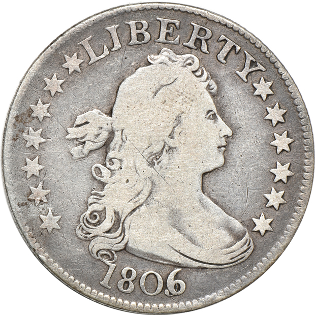 1806/5 Draped Bust quarter VG, 1819 Type 1 Capped Bust quarter F, and an 1834 Type 2 Capped Bust quarter XF 