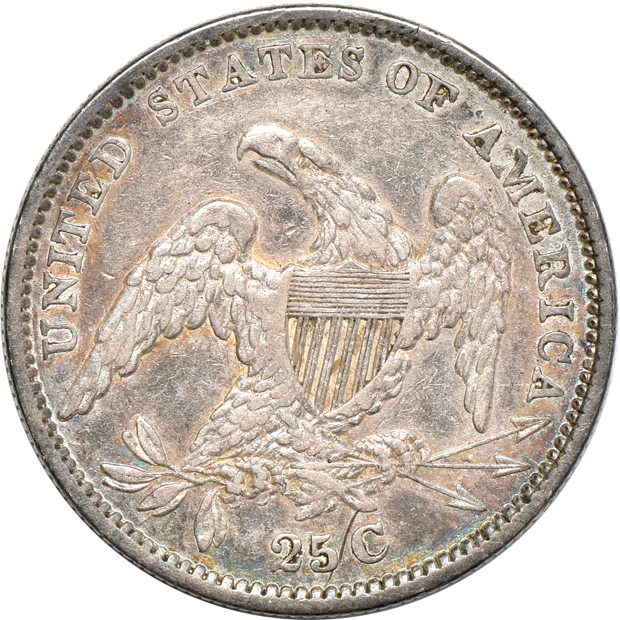 1806/5 Draped Bust quarter VG, 1819 Type 1 Capped Bust quarter F, and an 1834 Type 2 Capped Bust quarter XF 
