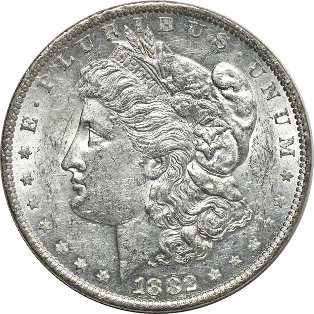 Group of 100 mostly AU and mostly 1882-O Morgan silver dollars, as listed
