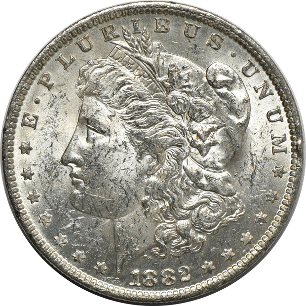 Group of 100 mostly AU and mostly 1882-O Morgan silver dollars, as listed