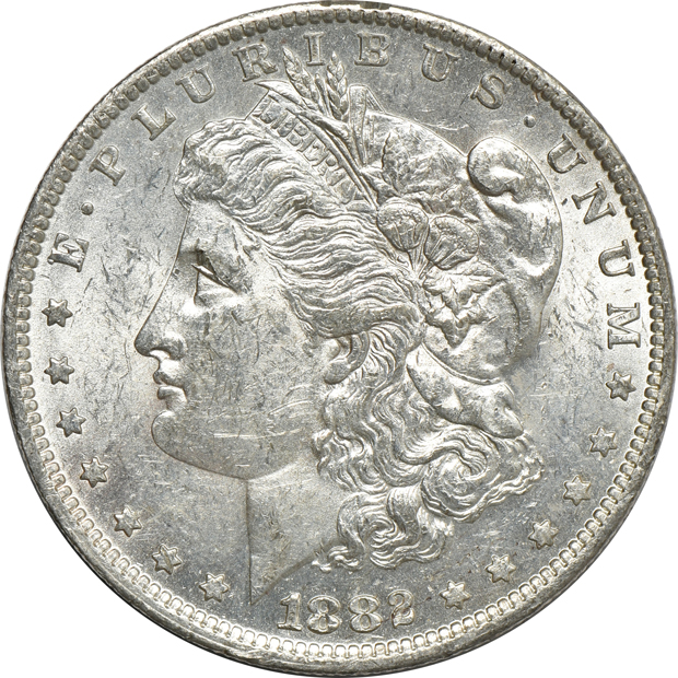 Group of 100 mostly AU and mostly 1882-O Morgan silver dollars, as listed