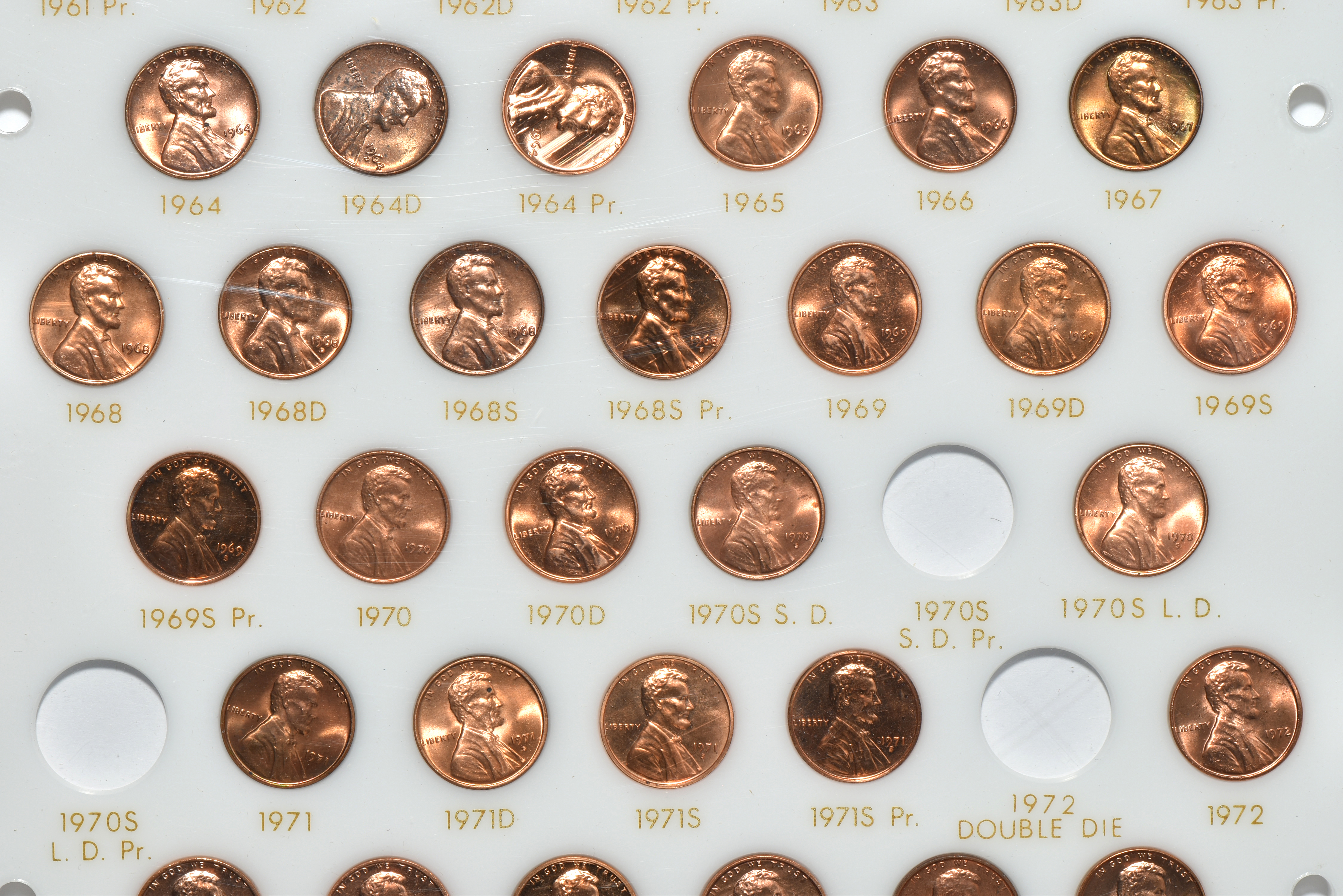 Virtually complete collection of Lincoln cents 1909 through 1970-S, including proof-only issues, in three Capital Plastics holder.  Missing 1970-S small date, 1970-S large date, and 1972 doubled die.