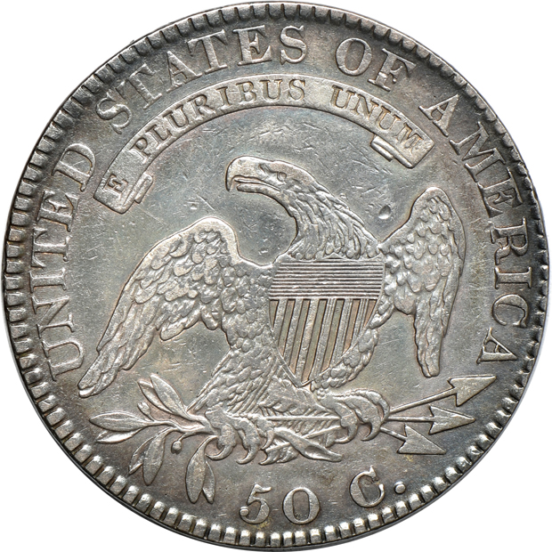 1821 large date dime, 1821 small date dime, and an 1820/19 square base 2 half-dollar