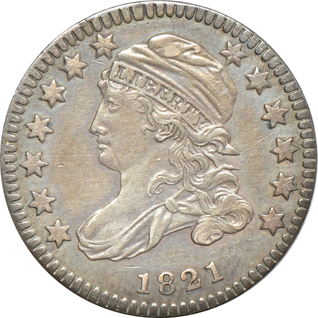 1821 large date dime, 1821 small date dime, and an 1820/19 square base 2 half-dollar