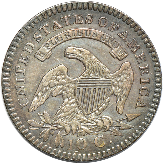 1821 large date dime, 1821 small date dime, and an 1820/19 square base 2 half-dollar