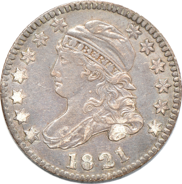 1821 large date dime, 1821 small date dime, and an 1820/19 square base 2 half-dollar