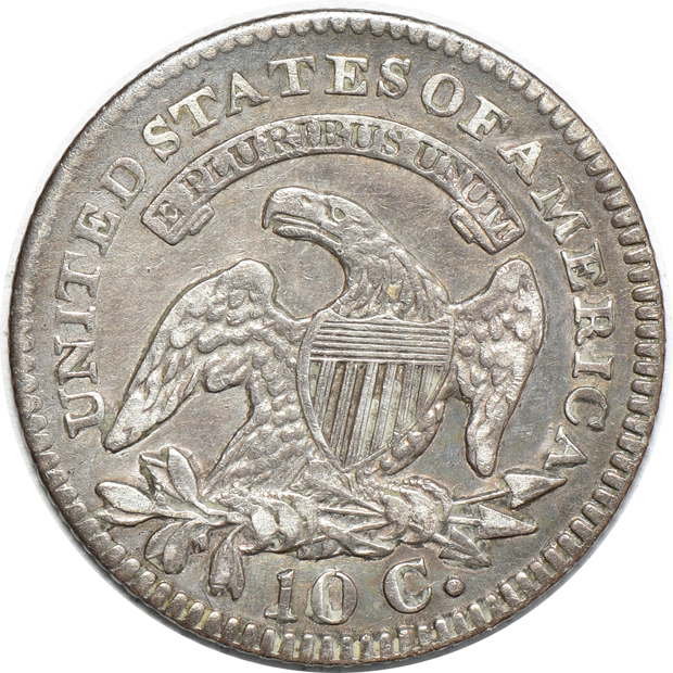 1821 large date dime, 1821 small date dime, and an 1820/19 square base 2 half-dollar