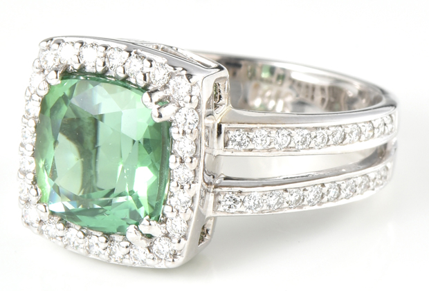 14K White Gold Green Tourmaline and Diamond Ring, GIA #2205796668
