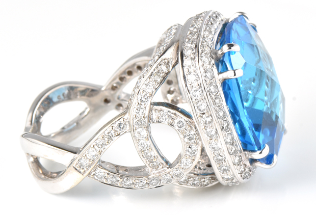 14K White Gold Diamond and Blue Topaz Ring