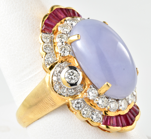 18K Yellow Gold Diamond and Purple Jade Ring, GIA #2215022836