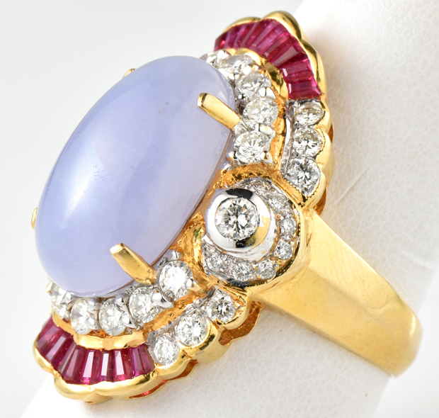 18K Yellow Gold Diamond and Purple Jade Ring, GIA #2215022836