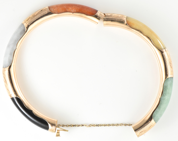 14K Yellow Gold Multi-Color Jade Bangle