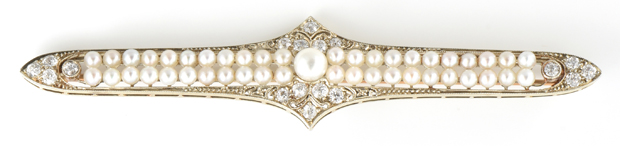 14K Yellow Gold Diamond and Pearl Pin
