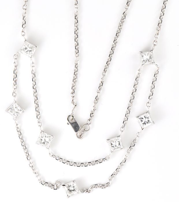 14K White Gold Diamond Necklace with Seven GIA Square Modified Brilliant Cut Diamonds