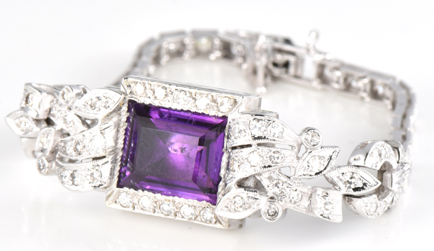 14K White Gold Diamond and Amethyst Bracelet