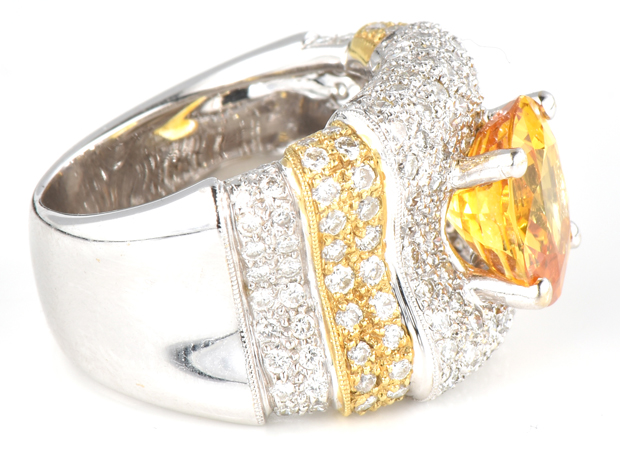 18K Two-Tone Diamond Ring with a Orangy Yellow Sapphire, GIA #2215022842