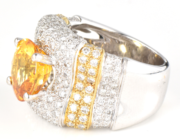 18K Two-Tone Diamond Ring with a Orangy Yellow Sapphire, GIA #2215022842