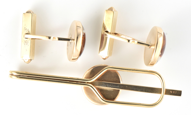 14K Yellow Gold Essex Crystal Cufflinks and Tie Bar 