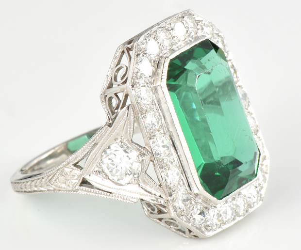 Platinum Diamond and Emerald Ring