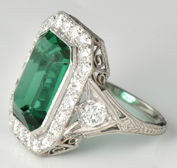 Platinum Diamond and Emerald Ring