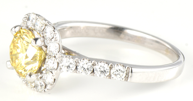 14K White Gold Diamond Ring with a 1.32 Carat Fancy Yellow Round Brilliant Diamond, GIA #12004540