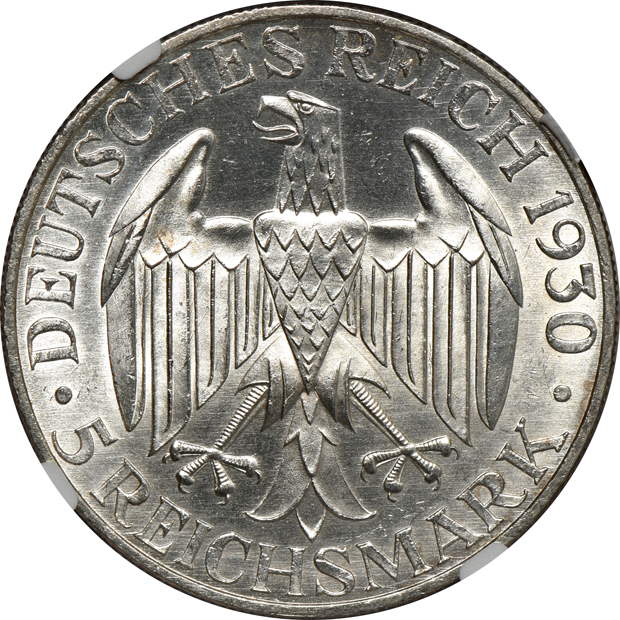 Germany - 1930-A 5 mark MS-65, 1930-D 5 mark MS-64+, and a 1930-J 5 mark, all Graf Zeppelin NGC