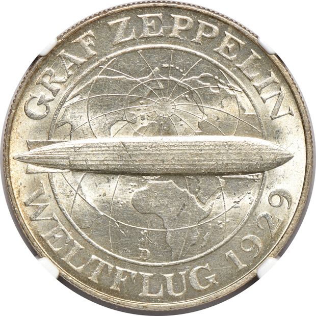 Germany - 1930-A 5 mark MS-65, 1930-D 5 mark MS-64+, and a 1930-J 5 mark, all Graf Zeppelin NGC