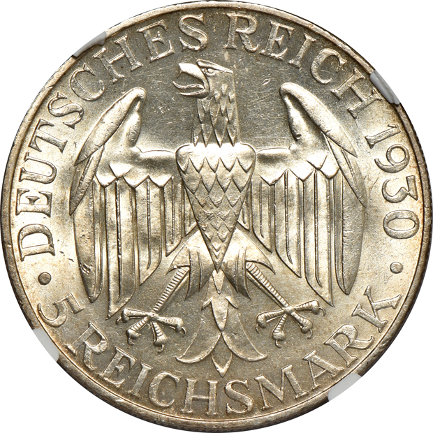 Germany - 1930-A 5 mark MS-65, 1930-D 5 mark MS-64+, and a 1930-J 5 mark, all Graf Zeppelin NGC
