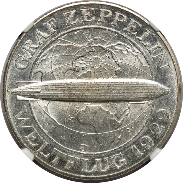 Germany - 1930-A 5 mark MS-65, 1930-D 5 mark MS-64+, and a 1930-J 5 mark, all Graf Zeppelin NGC