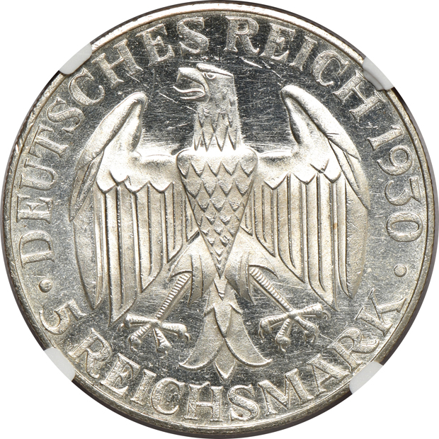 Germany - 1930-A 5 mark MS-65, 1930-D 5 mark MS-64+, and a 1930-J 5 mark, all Graf Zeppelin NGC