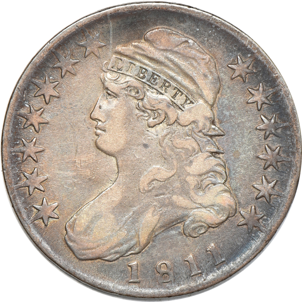 Eight different capped-bust half-dollars, VF