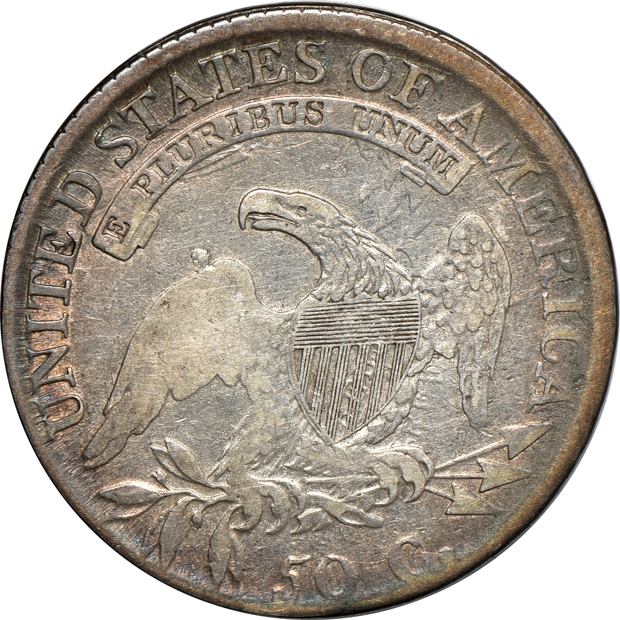 Five capped-bust half-dollars, VF