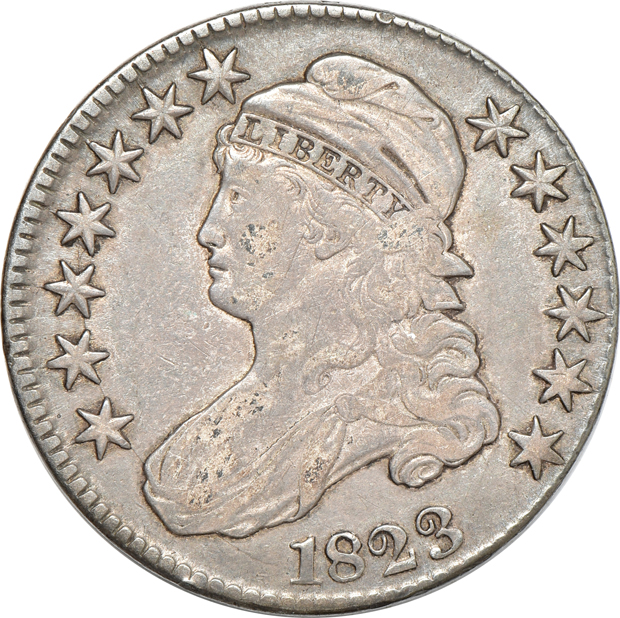 Five capped-bust half-dollars, VF