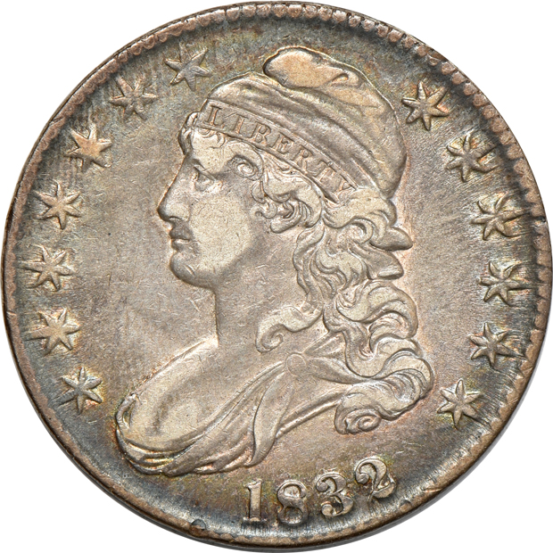 Five capped-bust half-dollars, VF
