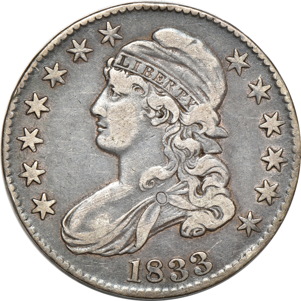 Five capped-bust half-dollars, VF