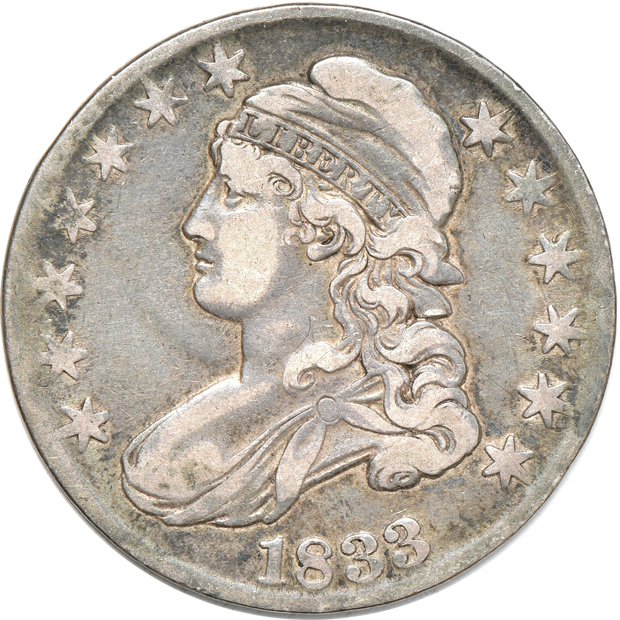 Five capped-bust half-dollars, VF