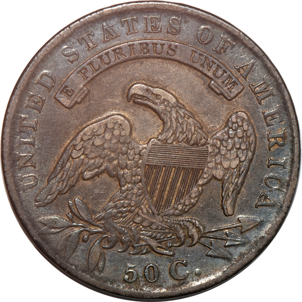 Four capped-bust half dollars, all XF