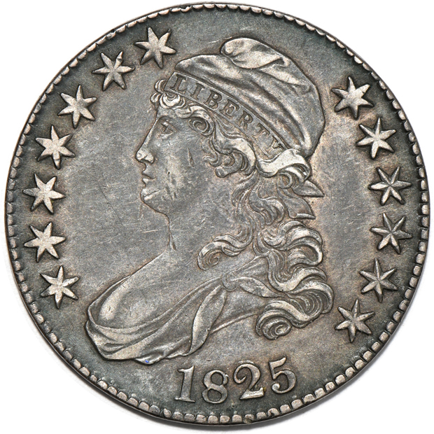 Four capped-bust half dollars, all XF