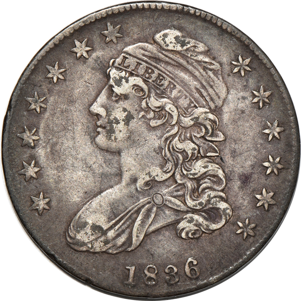 Four capped-bust half dollars, all XF