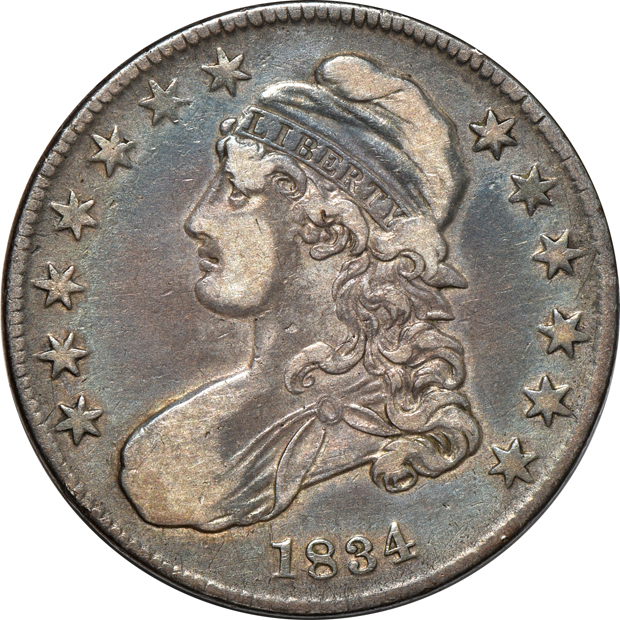 1818 quarter, plus an 1833 and an 1834 half-dollar, all VF