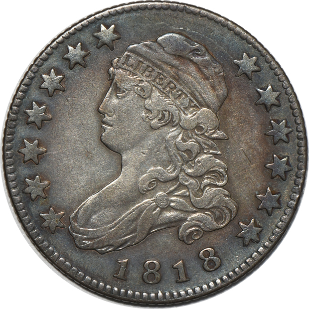 1818 quarter, plus an 1833 and an 1834 half-dollar, all VF