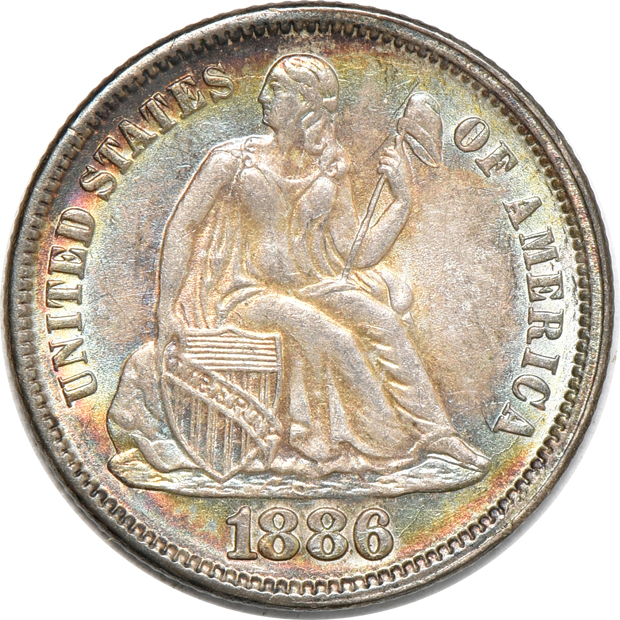 1853 half-cent, 1853 half-dime, and an 1886 dime, all UNC