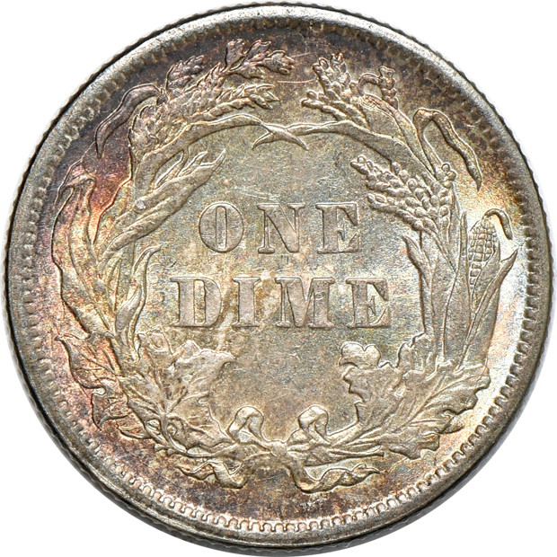 1853 half-cent, 1853 half-dime, and an 1886 dime, all UNC