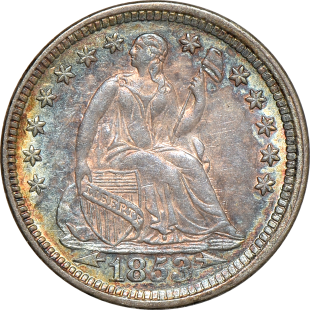 1853 half-cent, 1853 half-dime, and an 1886 dime, all UNC