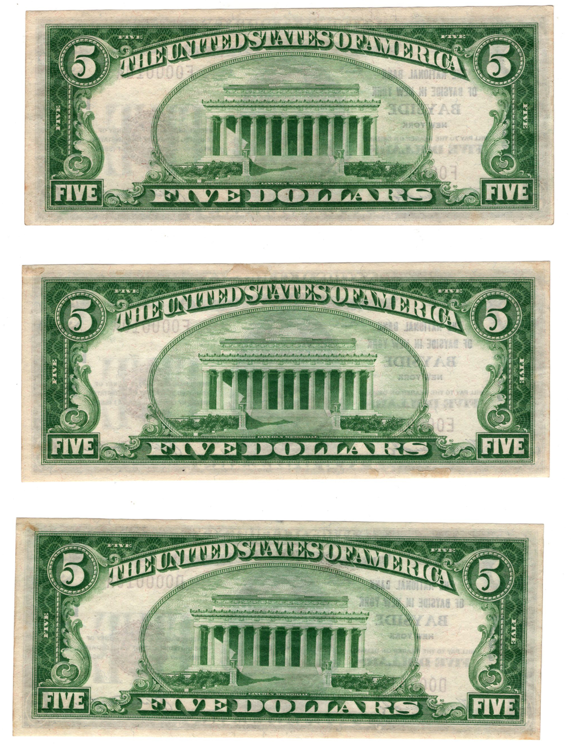 Cut sheet of serial no. 10 1929 $5 Type 1 - Bayside, NY Charter #13334 - CU