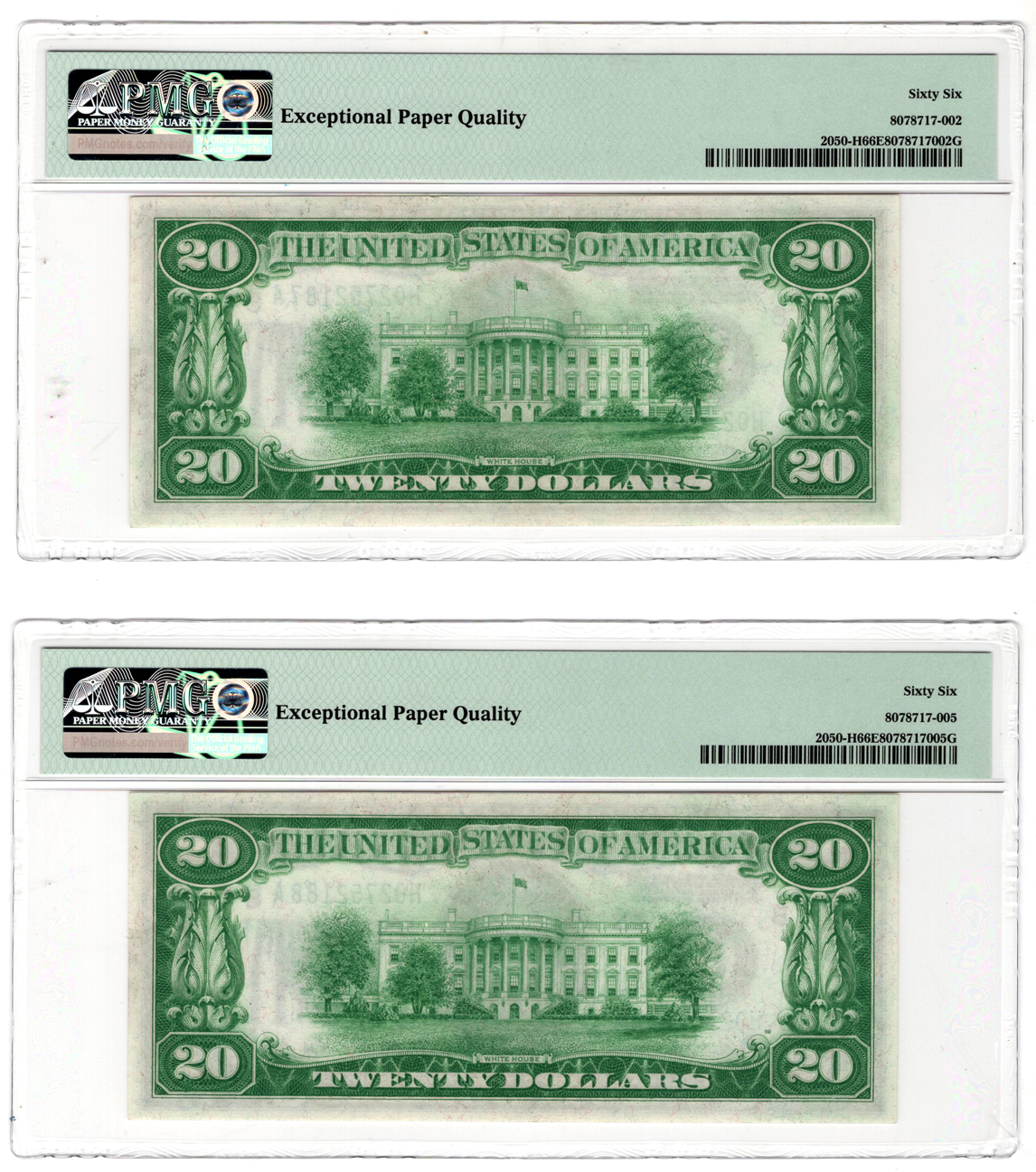 Sequential pair of 1928 $20 St. Louis Fr# 2050-H - PMG GemCU-66/EPQ