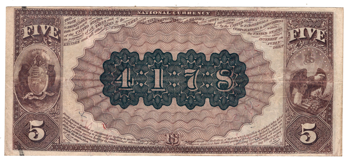 1882 $5 Brown Back - St. Louis, MO Charter #4178 - VF