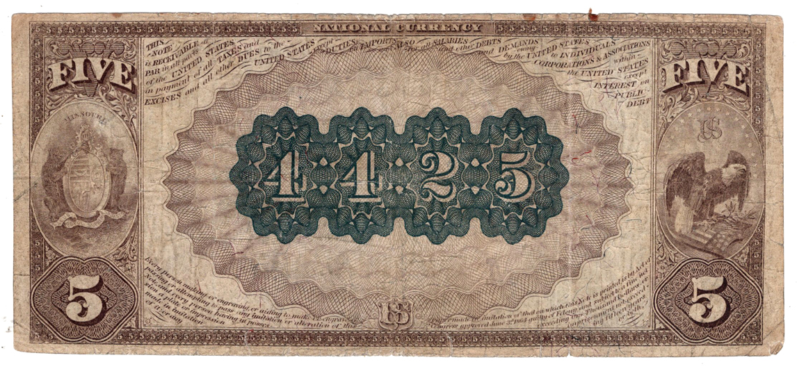 1882 $5 Brown Back - Joplin, MO Charter #4425 - F